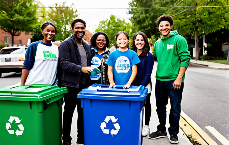 Community Recycling Initiative**

"A group of diverse neighbors, adults and children, participating in a community recycling event in a vibrant urban setting. They are sorting recyclable materials into labeled bins with smiles. Focus on education and cooperation, showing posters about recycling facts.  Everyone is fully clothed in appropriate attire. Safe for work. Appropriate content. Professional photography, perfect anatomy, natural proportions, family-friendly."

**