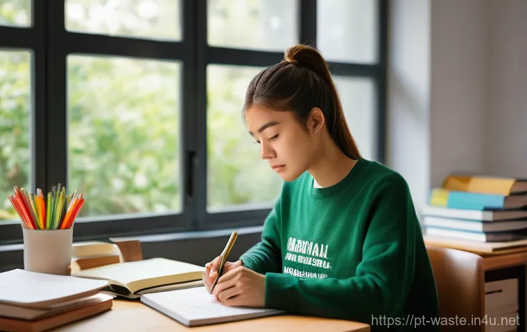 폐기물처리 자격증 공부 일정 짜기 - **Prompt:** A focused and determined female student in her late 20s, with a neat ponytail, engrossed...