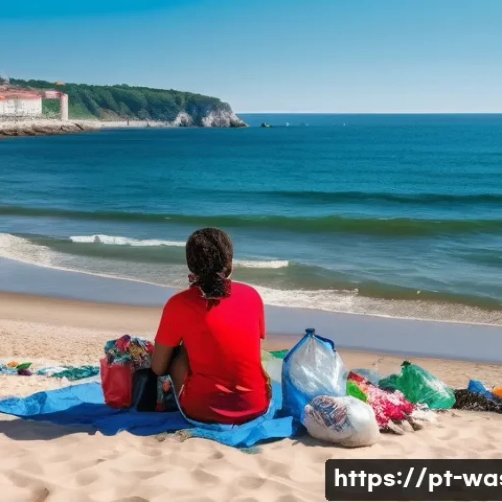 폐기물처리와 지속 가능성 - **Prompt:** "A sunny Lisbon beach. A diverse group of people, some sunbathing, others playing beach ...