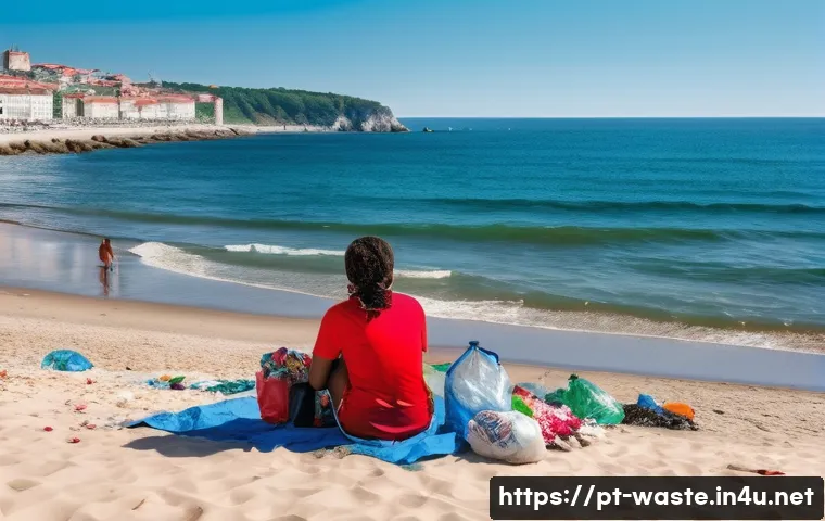 폐기물처리와 지속 가능성 - **Prompt:** "A sunny Lisbon beach. A diverse group of people, some sunbathing, others playing beach ...