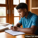 Home 21 폐기물처리기사 필기시험 시간관리 전략 - A focused young adult student sitting at a wooden desk in a bright, modern study room, surrounded by...