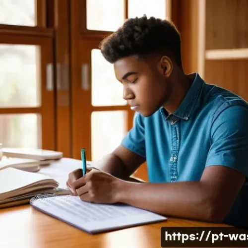 Home 33 폐기물처리기사 필기시험 시간관리 전략 - A focused young adult student sitting at a wooden desk in a bright, modern study room, surrounded by...