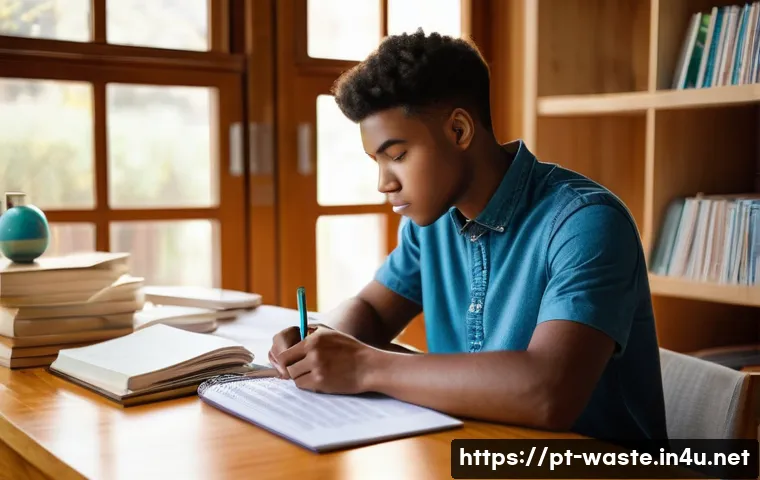 폐기물처리기사 필기시험 시간관리 전략 - A focused young adult student sitting at a wooden desk in a bright, modern study room, surrounded by...
