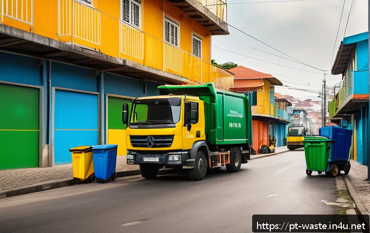 폐기물처리업 종사자의 하루 - A detailed urban scene depicting a Brazilian waste collection team preparing their daily routes earl...