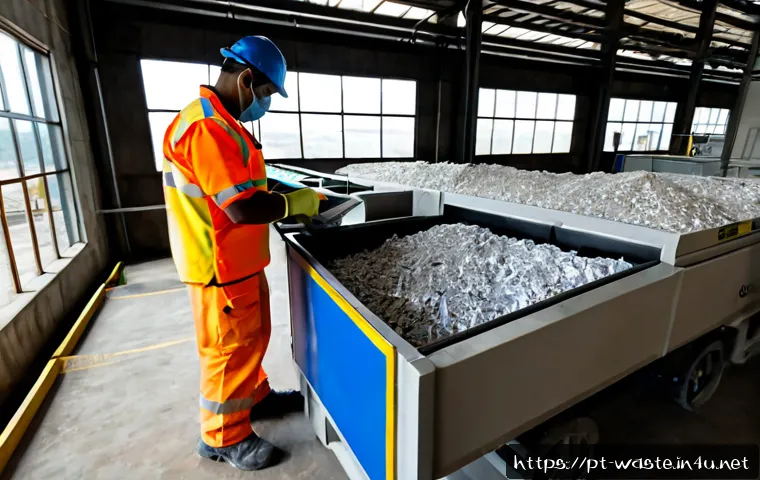 Home 31 폐기물 처리과정 일기 - Photorealistic waste processing facility in Brazil, a sanitation worker in clean high-visibility uni...
